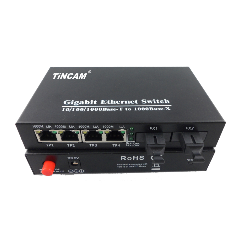 10/100/1000M single mode single fiber 2 fiber ports & 4 RJ45 ports fiber switch （External）