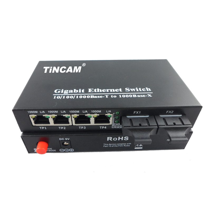 10/100/1000M single mode dual fiber 2 fiber ports & 4 RJ45 ports fiber switch （External）